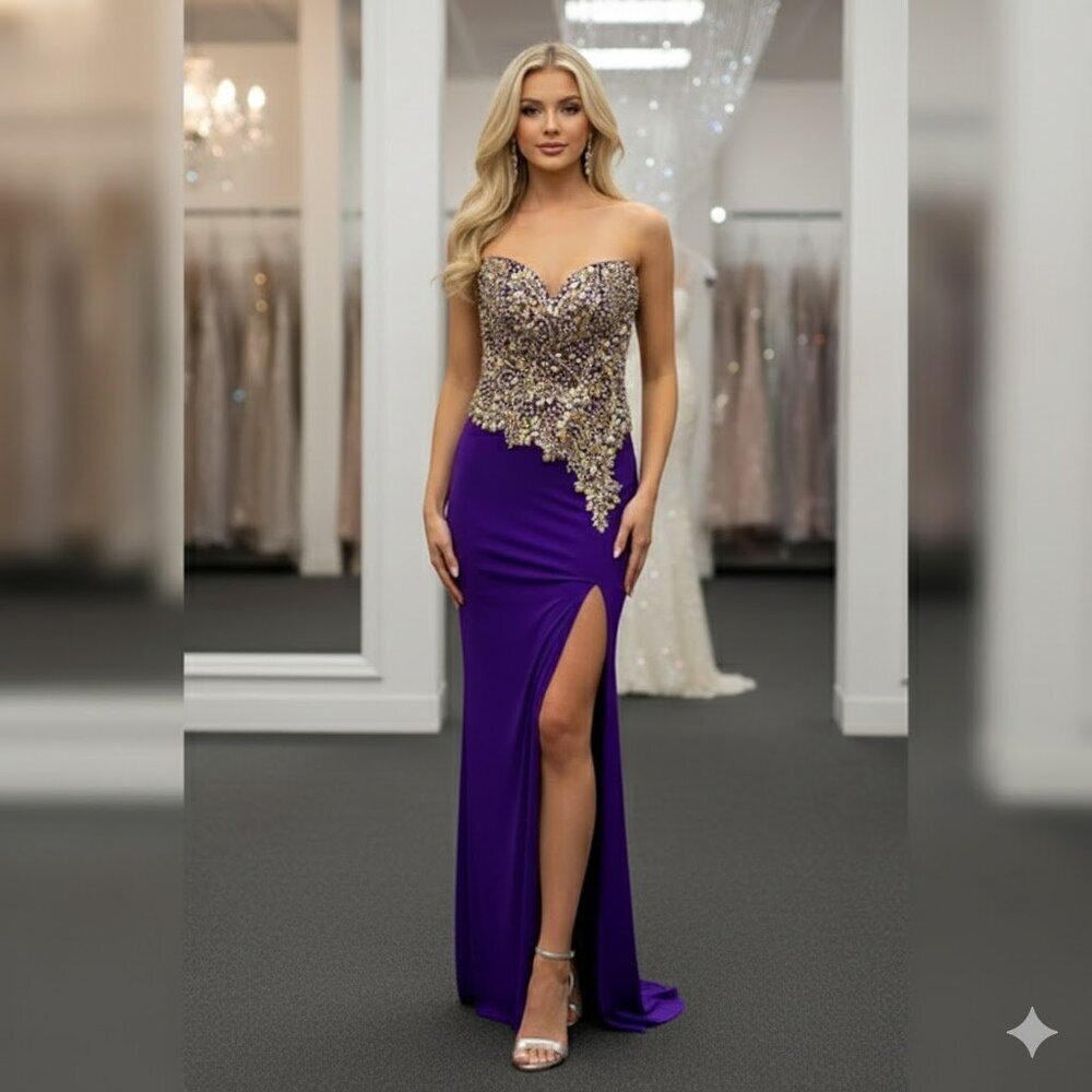 Romance Couture Strapless Rhinestone Grad Prom Dress RM186 Purple